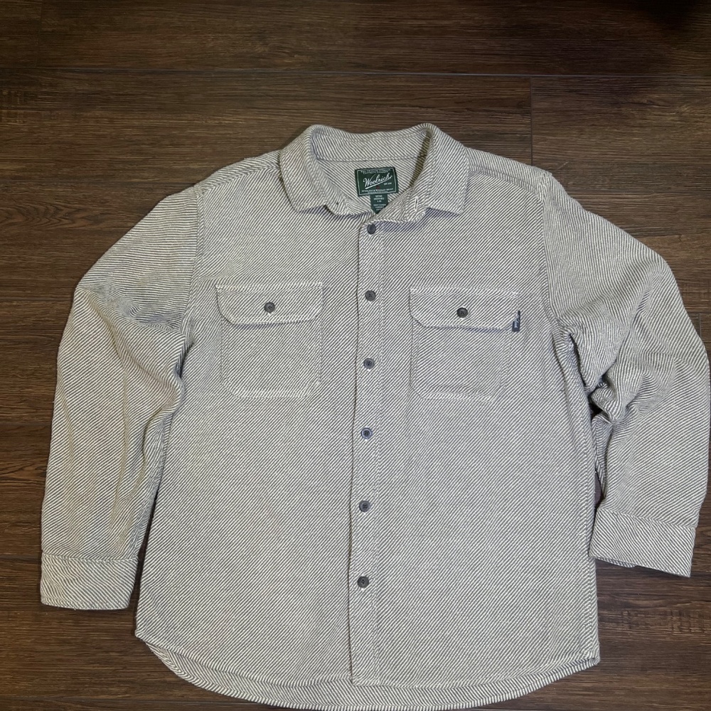Woolrich Grey Button Up Shirt Jacket Size L Faint Pinstripe Soft Outdoors